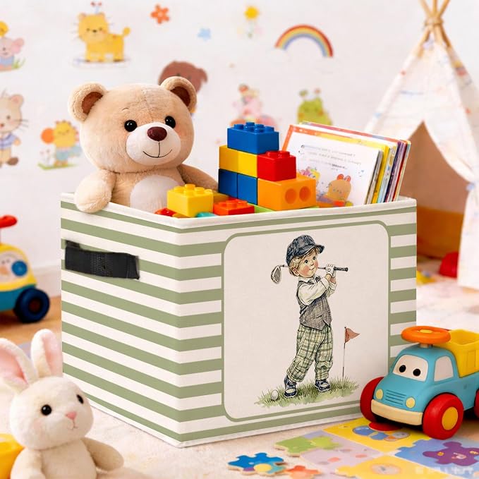 Golf Boy Storage Bin, Foldable Fabric Basket for Bedroom Nursery | Foldable fabric storage bin with little golfer design for toys, books, clothes, nursery, bedroom, and playroom organization.