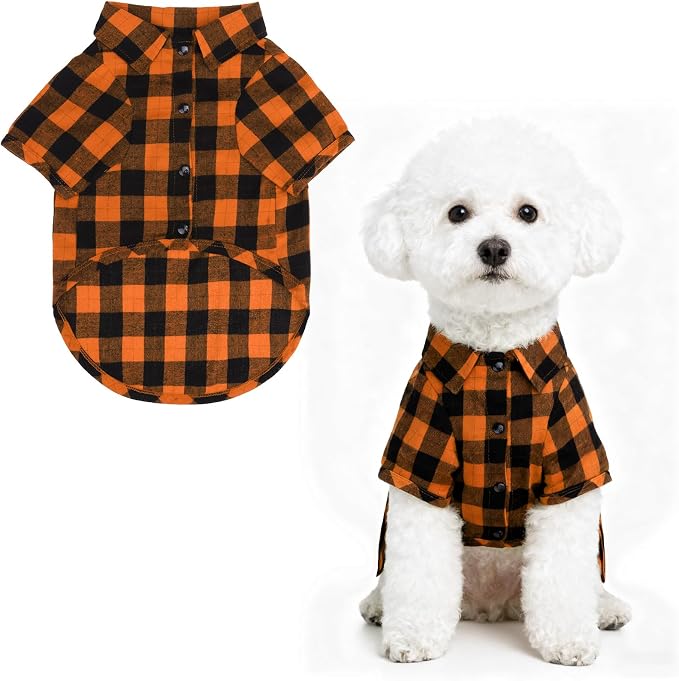 PUPTECK Classic Plaid Dog Shirt, Puppy Polo T-Shirt Clothes, Orange S | Soft Cotton Button Up Dog Clothes for Small Medium Dogs Boy Girl, Fashion Pet Tee, Chic Casual Pet Outfit Apparel