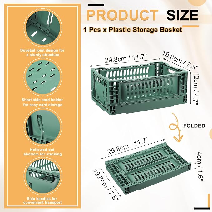uxcell Collapsible Crates, 11.7x7.8x4.7 Stackable Plastic Storage Baskets with Handle Small Storage Containers for Bedroom Office Classroom Bathroom Desktop Organizer Decor, Dark Green