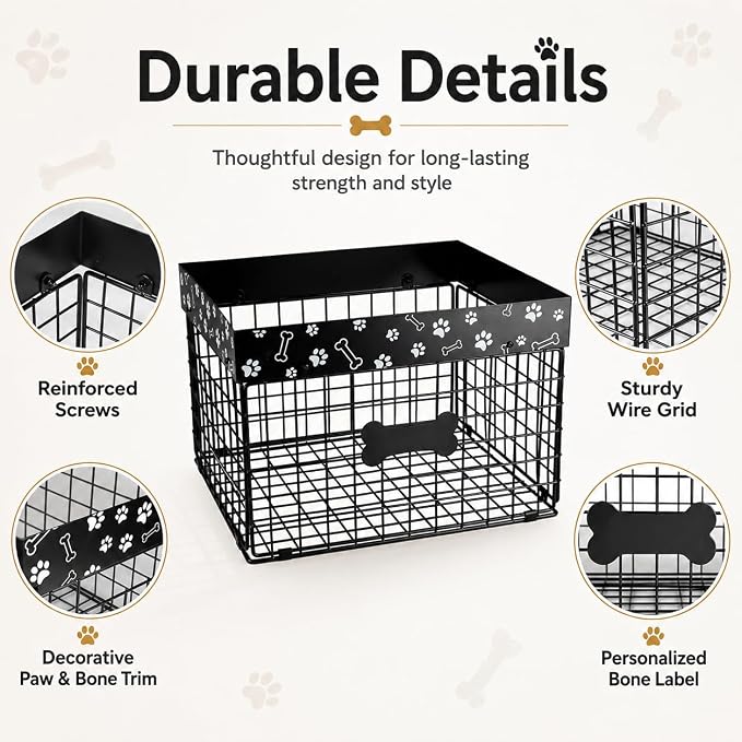 Metal Dog Toy Basket for Living Room, Foldable Dog Toy Storage Bin with Personalized Bone Label, Chew Resistant Pet Toy Organizer Basket, Durable Wire Dog Toy Box for Balls, Ropes, Plush Toys