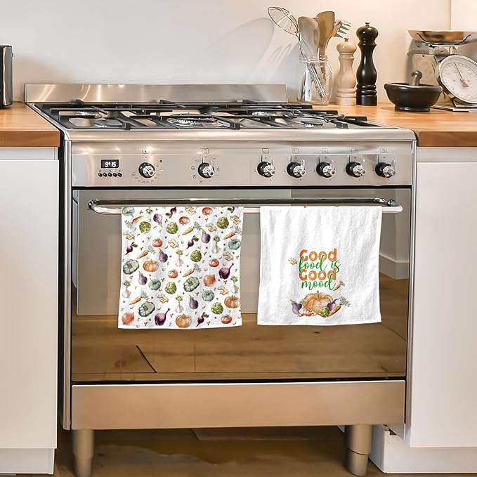 Vegetable Kitchen Towels Set of 2, Food Dish Towels for Kitchen Drying, 17x26 Inch Absorbent Dishcloths for Cleaning, Cute Garden Vegetables Dish Towels, Farmhouse Home Housewarming Gifts