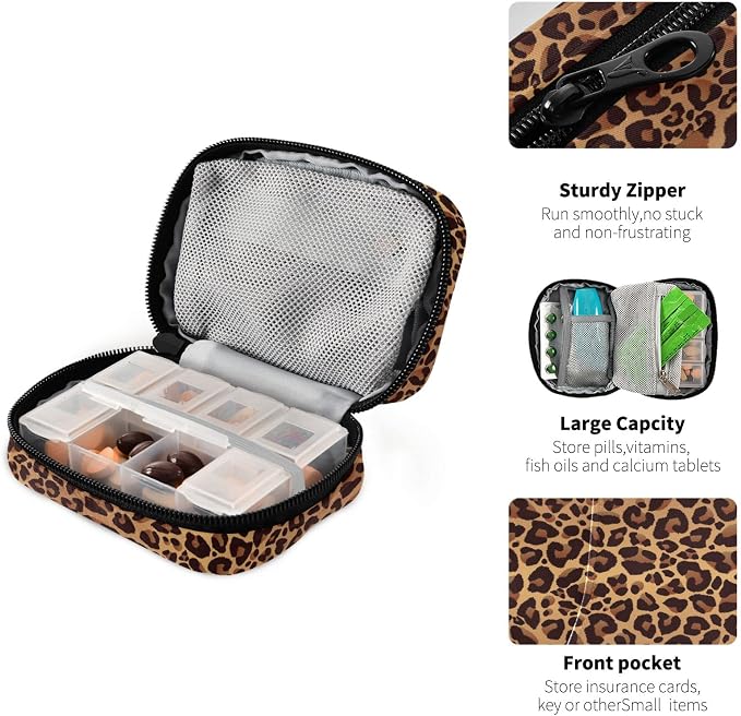 Leopard Pattern Weekly Pill Organizer, Pill Cases Bag Portable Pill Container 7 Days Pill Box Organizer Vitamin Supplement Holder with Zipper for Travel Family Business Camping