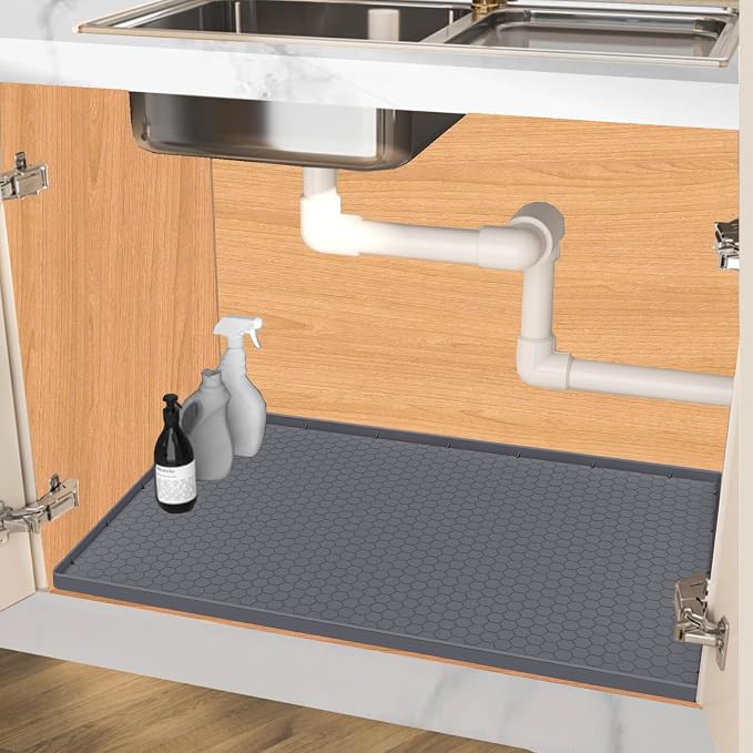 Under Sink Mat 31 x 22 for Kitchen Waterproof, Silicone Under Sink Liner for Kitchen Bathroom Cabinet Organizers and Storage, Easy to Clean Cabinet Mat, Grey
