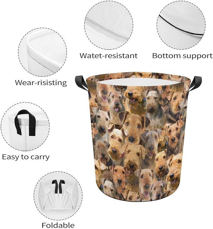 Airedale Dog Print Laundry Basket, Funny Airedale Dog Face Laundry Hamper, Foldable Waterproof Oxford Cloth Tote Bag Dirty Clothes Storage Bucket Organizer for Bathroom Bedroom