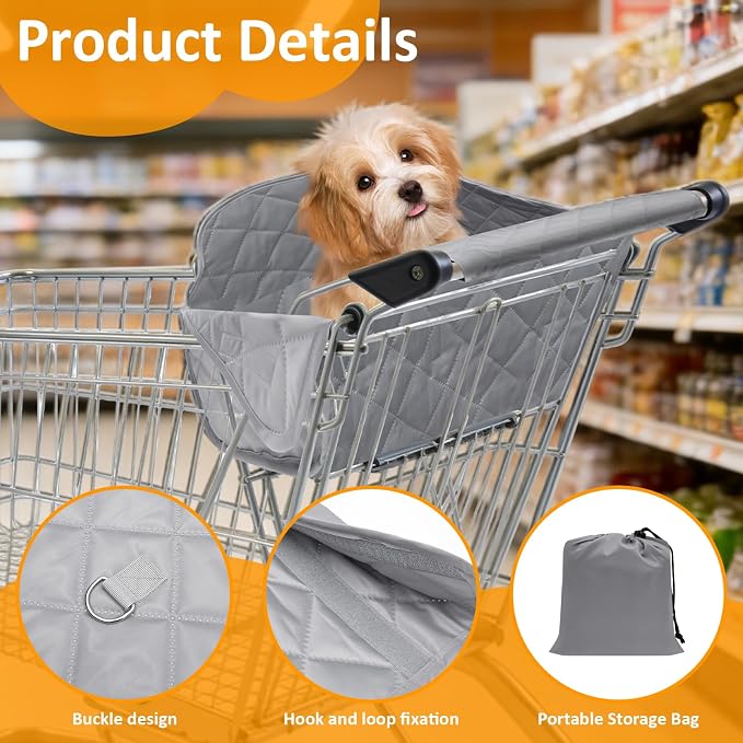 Pet Shopping Cart Cover, Portable Quilting Grocery Cart Cover with Storage Bag for Pets, Secured with Hook and Loop, Machine Washable for Pet Dog Cat, Easy-on Stretch(Gray)