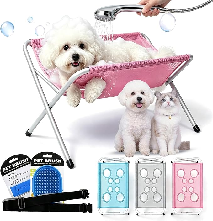 Dog Bath Rack, Foldable Pet Shower Grooming Stand with Mesh Hammock, Portable Dog Bath Table for Shower and Nail Care, Stable Frame Support for Puppies Cats and Small Breeds, Pink