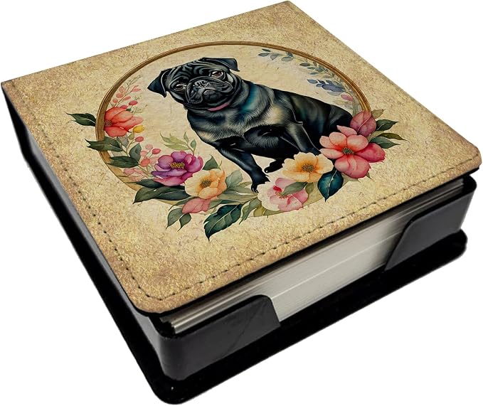 Caroline's Treasures Black Pug and Flowers PU Leather Note Paper Holder with Artist-Designed Cover, Desk Accessory, Office Gift