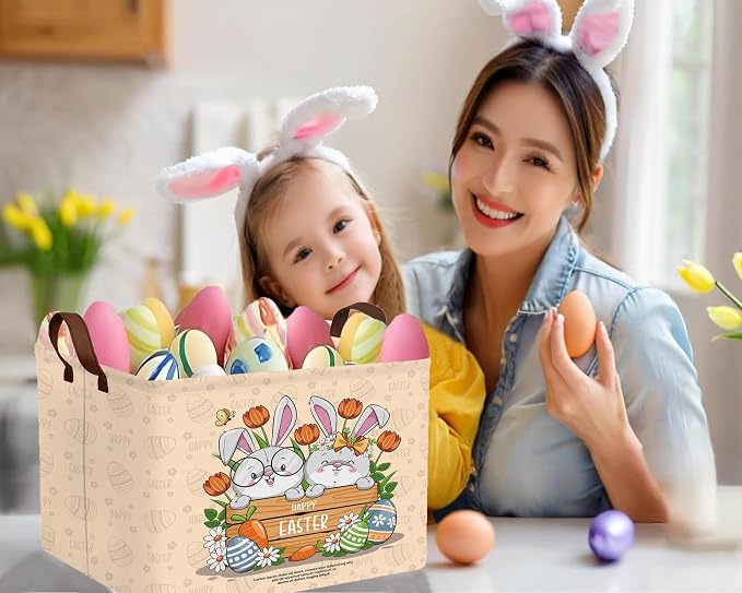 Large Rectangular Easter Baskets Empty Waterproof Boy Toy Box Foldable Kid's Gifts Storage Bin Spring Room Decor(Boy Girl Cute Rabbit)