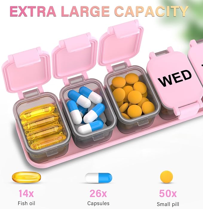 Extra Large Weekly Pill Organizer with 7 Detachable Compartments | XL Pill Organizer, Portable Medicine Pill Organizer for Supplements, Daily Pill Case for Home and Travel
