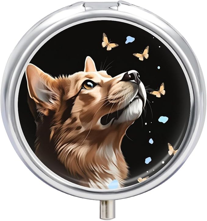 Dog and Butterfly Metal Pill Organizer with Mirror, 3-Compartment Travel Pill Box, 2-Inch Round Pocket Medicine Case with Secure Latch, Portable Vitamin Holder for Women & Men