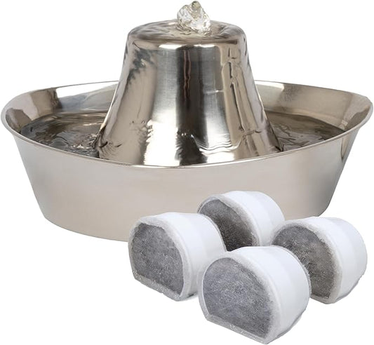 PetSafe Seaside Stainless Cat & Dog Fountain - Extra Water Filters & 1 Pump Included, Tower Creates Soothing Flow for Pets, Scratch-and Rust-Resistant Material Inhibits Pet Acne, 60 Oz Water Capacity