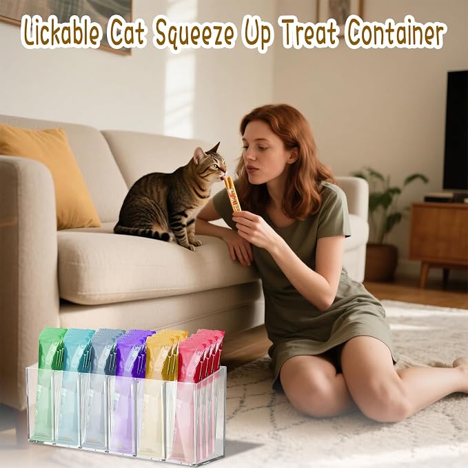 2 Pack Lickable Cat Treats Organizer, Wall Mount Acrylic Squeeze Up Cat Food Storage Container with Adhesive Stickers Lickable Wet Cat Treats Storage Holder for Kitchen Cabinet Pantry Shelf