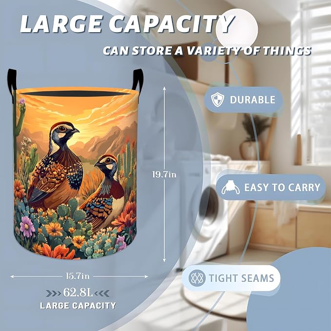 Quail Desert Laundry Basket, Cactus Flower Bird Storage Hamper, Round Collapsible Waterproof Cloth Bin, 19.7x15.7 Inch Southwestern Clothes Organizer Gifts for Bathroom Decor
