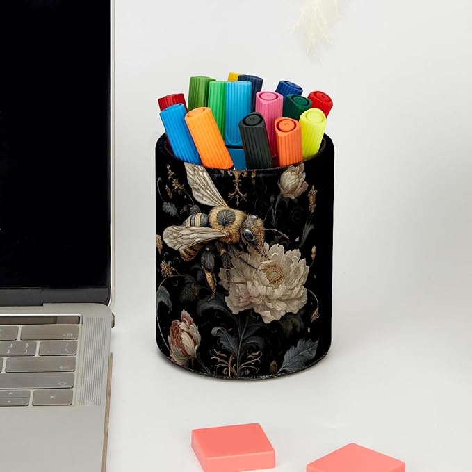 Faux Leather Pen Holder for Desk, Pencil Organizer Cute Bee Pen Cup Desk Decor Makeup Brush Holder Storage for Office Home