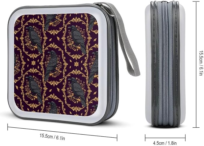 Portable 40-Capacity DVD Storage Binder Goth Gothic Raven Purple, Hard Case CD Holder with Zipper, Organizer for Music Movies Game Discs
