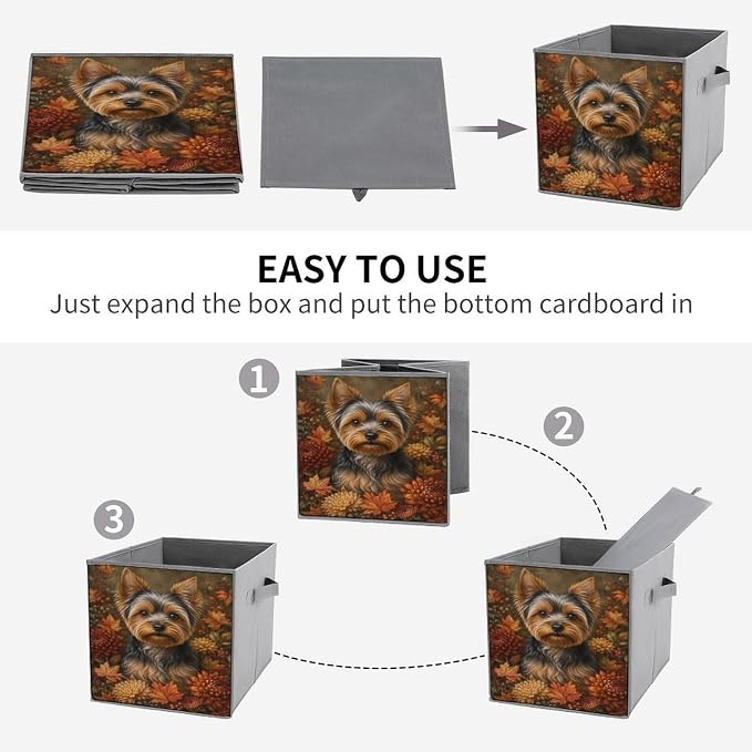 Yorkie Dog Autumn Flowers Storage Bin with Handles, Oxford Fabric Foldable Storage Cube Organizer for Clothes, Towels, Bedroom, Living Room, Home Organization