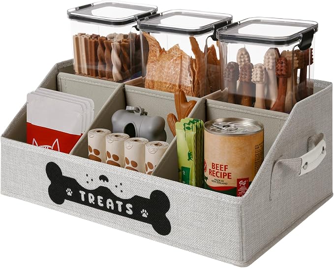 Dog Treat Container, Dogs Storage Organizer with Removable Dividers, Collapsible Dogs Treat Holder for Countertop, Trapezoid Pet Treats Containers, Dog Toy Basket with PU Handles, Medium, Gray