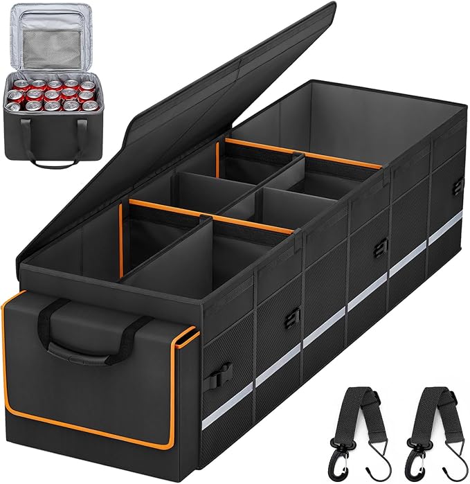 Car Trunk Organizer and Storage with Lid & Removable Leakproof Cooler Bag, Car Accessories 6 Removable Dividers for Custom Space, Collapsible Large Trunk Organizers Interior for SUV Sendan with Cover | Collapsible Trunk Organizers with Lid & Removable ...