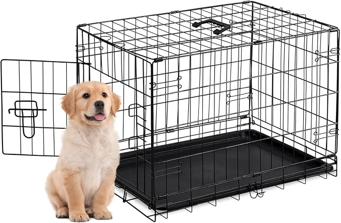 Small Dog Crate 24 Inch Foldable Single Door Dog Cage Pet Kennel | Metal Wire, Secure Lock, Plastic Leak-Proof Pan Tray, Indoor Outdoor Training Pet