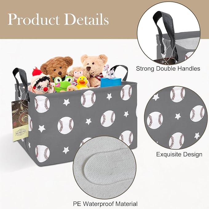 Rectangle Foldable Storage Basket Handles For Home, Grey Baseball | Waterproof canvas material, reinforced handles, perfect for shelf use, organizes clothes, daily items and pet supplies