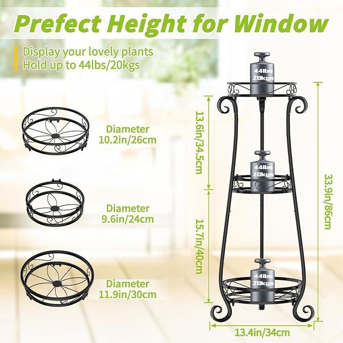 KMOTASUO 3 Tier Metal Plant Stand Tall for Indoor Outdoor Corner, Black | Heavy Duty Flower Holder Rack, Modern Vertical Iron Shelf for Patio Bathroom Office Garden