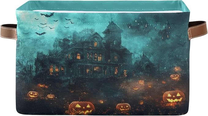 Halloween Castle Storage Basket with Waterproof Liner and PU Handles Spooky Bat Pumpkin Lantern Storage Bins Boxes 14.2" Collapsible Decorative Organizer Baskets for Bedroom Closet Office 1 Pack