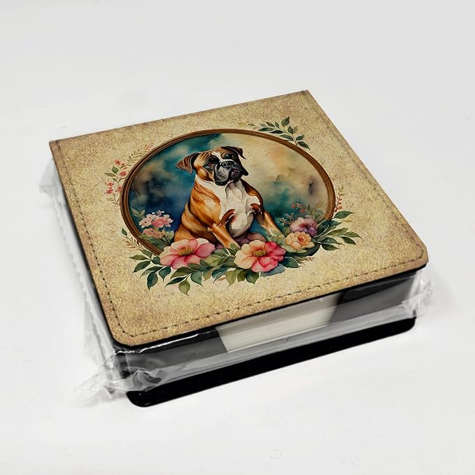 Caroline's Treasures Boxer and Flowers PU Leather Note Paper Holder with Artist-Designed Cover, Desk Accessory, Office Gift