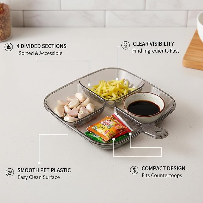 4-Compartment PET Storage Bin, Clear Divided Organizer Tray for Home & Office Sorting