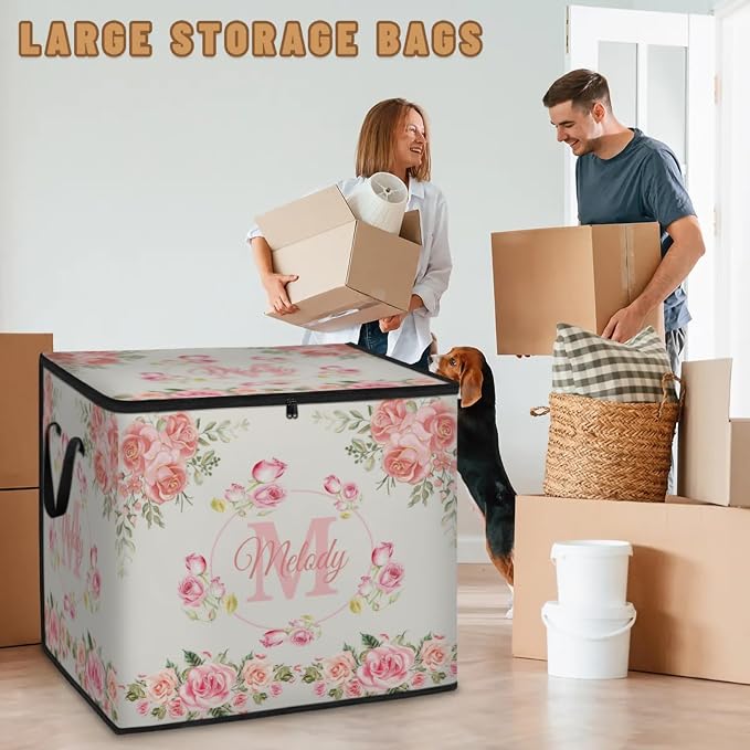 Custom Name Comforter Storage Bin with Lid, Personalized Initial Letter XL Storage Basket with Handles Zippers for Organizing Blankets, Bedding Closet Shelf Baskets, Pink Rose Floral