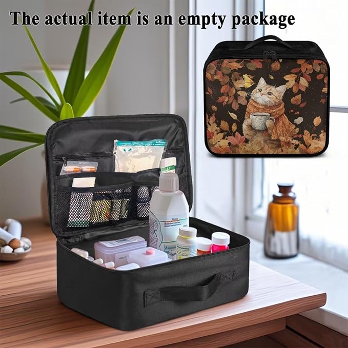 First Aid Kit Bag Fall Cat Maple Leaf Empty First Aid Bag Medical Bag Empty Large Capacity for Home Office and Travel Use Lightweight Washable Soft Fabric