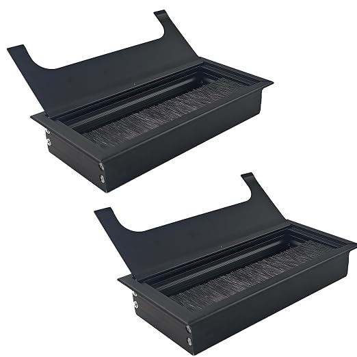 2PCS 6.3"x3.15" Metal Rectangle Cable Grommet, Wire Management Cover with Soft Brush Strip, Desk Wire Organizer for Computer Table Office Furniture (Black)