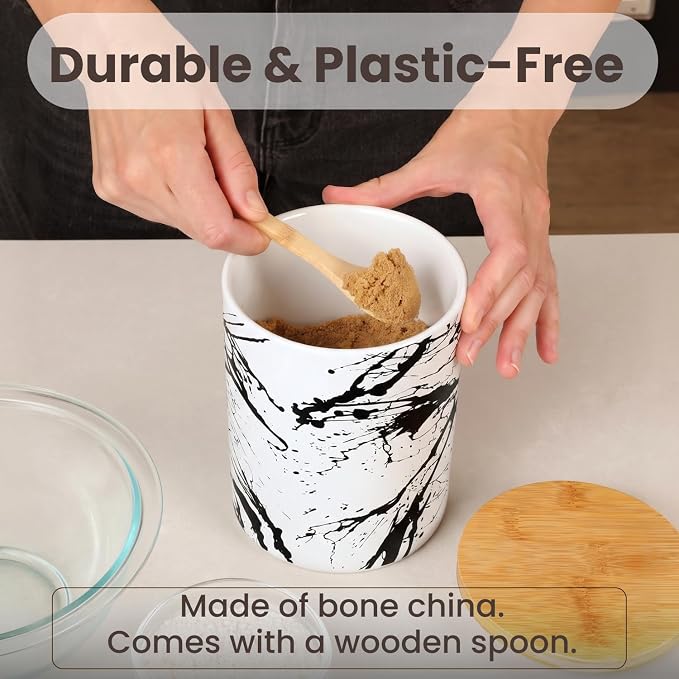Arthausen Black Splatter Ceramic Storage Jar Canister for Flour Sugar Airtight Bamboo Lid w/Silicone Seal, Spoon - Modern Abstract Art Design for Kitchen Counter Bathroom - 4 cup / 1080mL