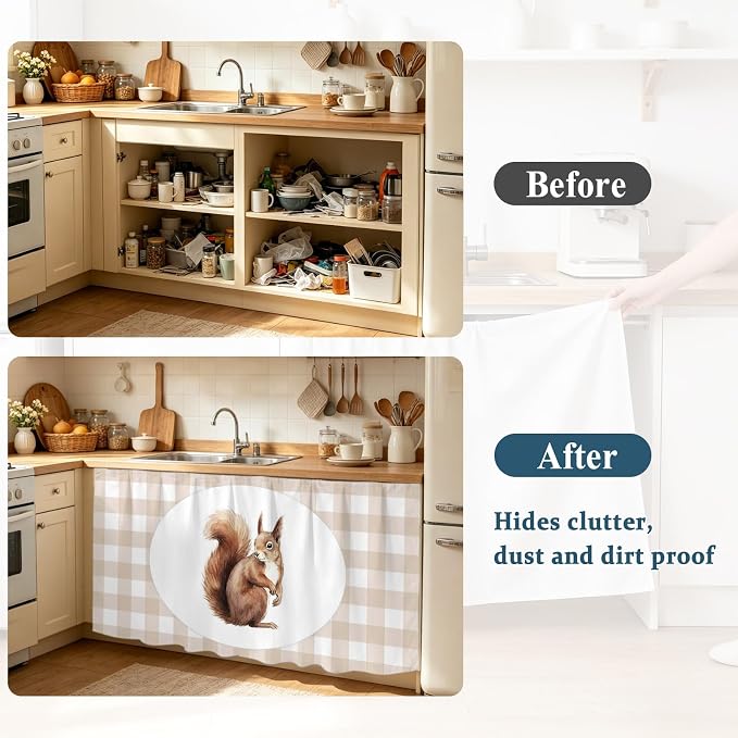 Squirrel Plaid Oven Skirt Curtain for Kitchen Decor 28"x35", Modern Farmhouse Checkered Rustic Animal Self Adhesive Stove Curtains Skirt Cabinet Curtains for Bathroom Laundry Room