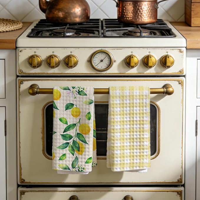 Lemon and Yellow Checkered Kitchen Towels, Quick Dry Multipurpose Waffle Weave Hand Towels for Bathroom, Absorbent Reusable Cloth Tea Dish Towels for Home Decor, Lemon Lover Gift Towel Set of 2