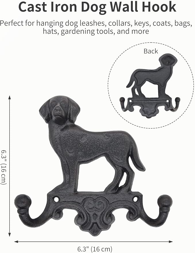 Cast Iron Dog Wall Hooks for Hanging, Heavy Duty Dog Leash Holder for Wall Mount Coat Hooks Decorative Key Hanger Vintage Farmhouse Entryway Cute Animal Decor Rustic Black 1 Pack