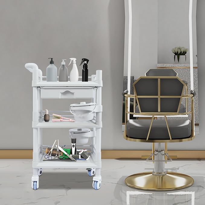 Mobile Salon Storage Cart with Wheel and Drawer, Portable 3-Tier Professional Trolleys, 176 Lbs Load Utility Tool, for Barber Stores, Spas, Homes, Beauty Store, Pet Shops (Grey)