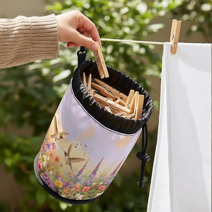 Hummingbird Floral Clothespin Bag for Clothesline Outdoor, Clothes Pin Bag with Drawstring Closure, Moisture Resistant, Large Capacity Laundry Clothespin Storage with Hook