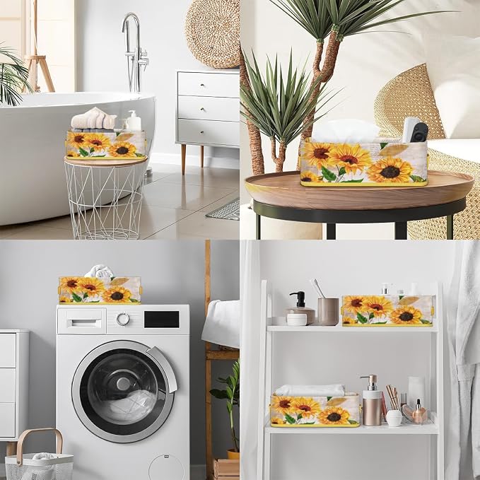 Sunflower Bright Letters Bathroom Storage Basket, Foldable with Handle Open Countertop Paper Towel Decorative Box, Toilet Tank Top Shelf Baskets for Home Closet Bedroom Living Room Office