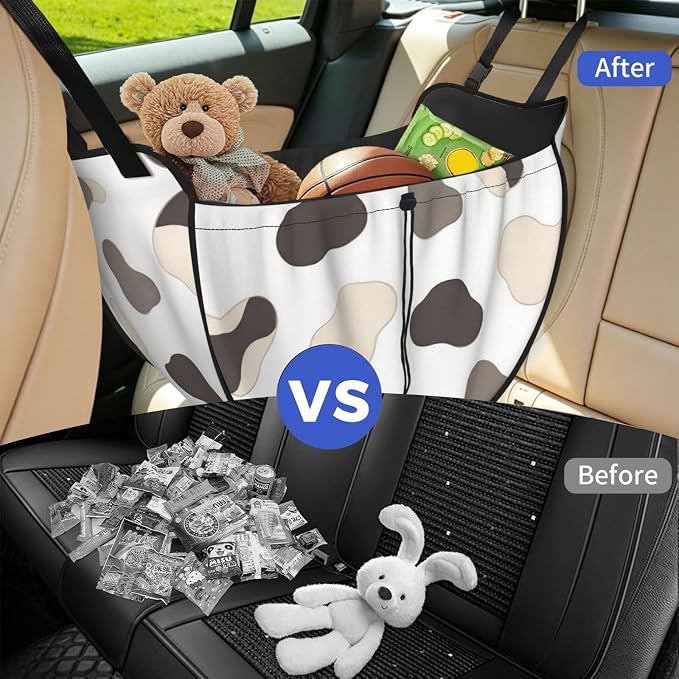 Cow Spot Black White Car Seat Organizer-Backseat Storage Bag for Travel | Waterproof Durable. Holds Snacks Gear Essentials. Fits Most Cars.