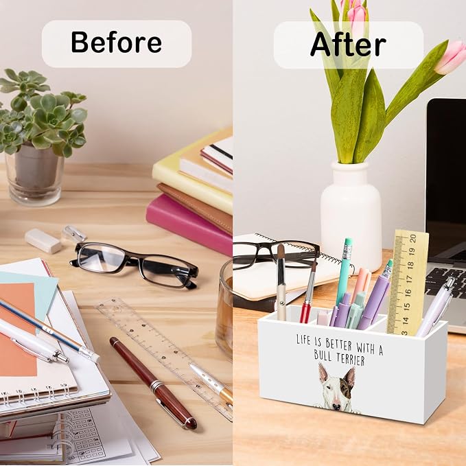 Bull Terrier Dog Gifts Pen Pencil Holder for Desk, Funny Bull Terriers Dog Gift Office Desk Accessories, Life Is Better with a Bull Terrier Pen Holders Organizer for Women Bathroom Decor