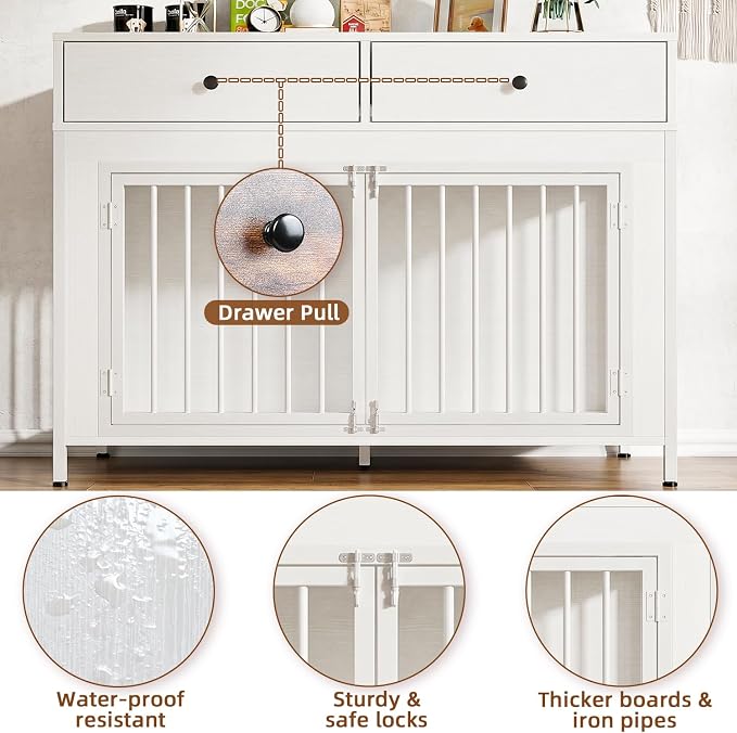 LEMBERI 44 Inch Large Dog Crate Furniture with Storage Drawers, Wooden Dog Kennel Furniture as TV Stand, Decorative Pet Cage Dog House Indoor for Dogs, White 2 Pack