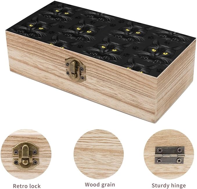 Wooden Keepsake Storage Box Memory Boxes with Hinged Lid, Black Cat Gothic | Small Jewelry Craft Organizer Case, Decorative Wood Gift Box, Wedding Party Holiday Supplies, 9.2x5.5x3.9 Inch