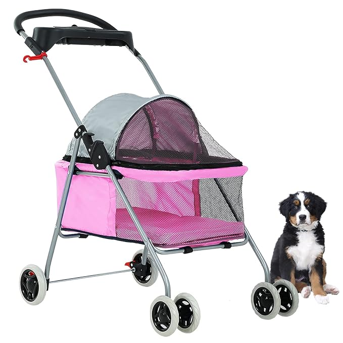 HGS Pet Cat Dog Stroller 4 Wheels Jogger Puppy Travel Carrier Portable Doggie Cage Strolling Cart with Cup Holders, 35Lbs Capacity Folding Waterproof Strolling Cart for Medium Dogs Cats Pet, Pink
