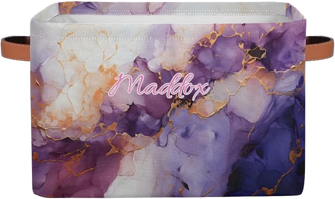 Personalized Storage Basket with Name, Rectangle Toys Storage Bin with Handles for Baby, Boys, Girls, Collapsible Basket for Clothes, Books, Purple Marble Background