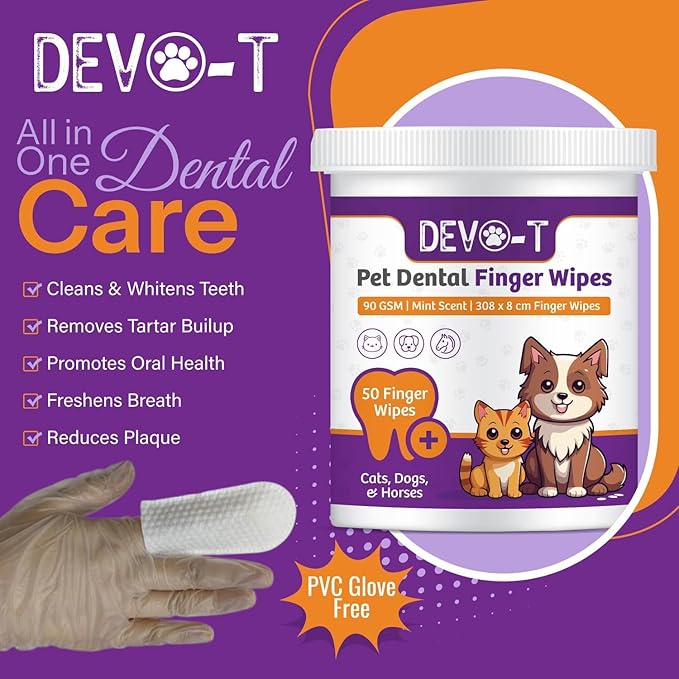 DEVO-T 100% Natural Dog Teeth Cleaning Wipes Unscented | 50 Count | Pet Teeth Cleaning Finger Wipes for Dogs, Cats & Horses | Remove Bad Breath, Plaque & Tartar Buildup | Dog Dental Wipes Finger
