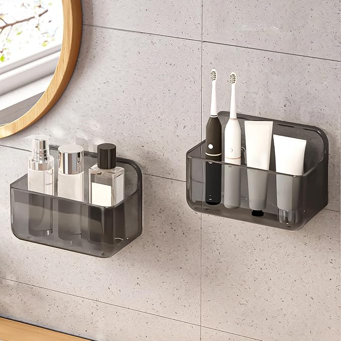 CGBE 2-Pack Cabinet Door Organizer, Self Adhesive Bathroom Shelves, Gray | Acrylic Shower Caddy, Wall Mounted Storage, No Drilling, Automatic Draining, For Cabinet Door and Shower Wall