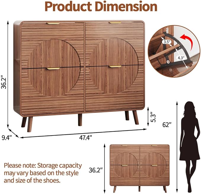Shoe Storage Cabinet with 4 Flip Drawers for Entryway, 47.4" Freestanding Hidden Shoe Rack Cabinet, Narrow Shoe Organizer for Hallway, Foyer (Walnut, 4 Doors)