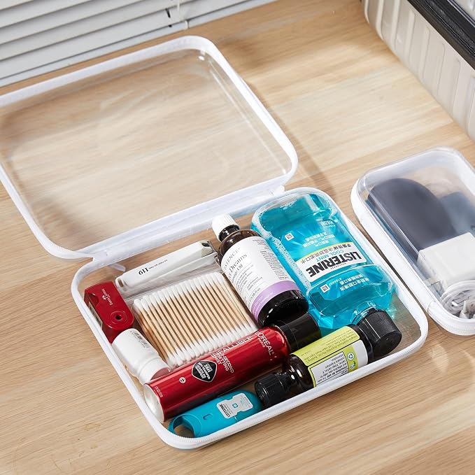MACOPRO 2PCS Large Clear Zipper Bags with Hard Shell - Makeup Organizer & Toy Storage Container for Building Blocks, Pencils, Toiletries, Travel Accessories Diaper for Organizing
