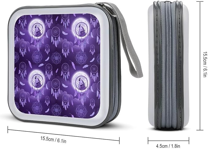 Protective 40-Disc CD/DVD Wallet Native Dream Catcher American Wolves Purple, Hard Plastic Storage Binder with Handle, Portable Organizer for Car Office Travel
