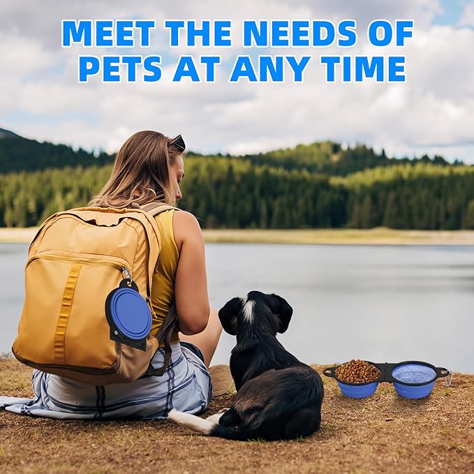 Collapsible Dog Dual Bowls, 2-in-1 with Locking Clip for More Stability 180 Degree Flip Portable Dog Travel Bowl for Water and Food Pet Food Drinker (Light Purple)